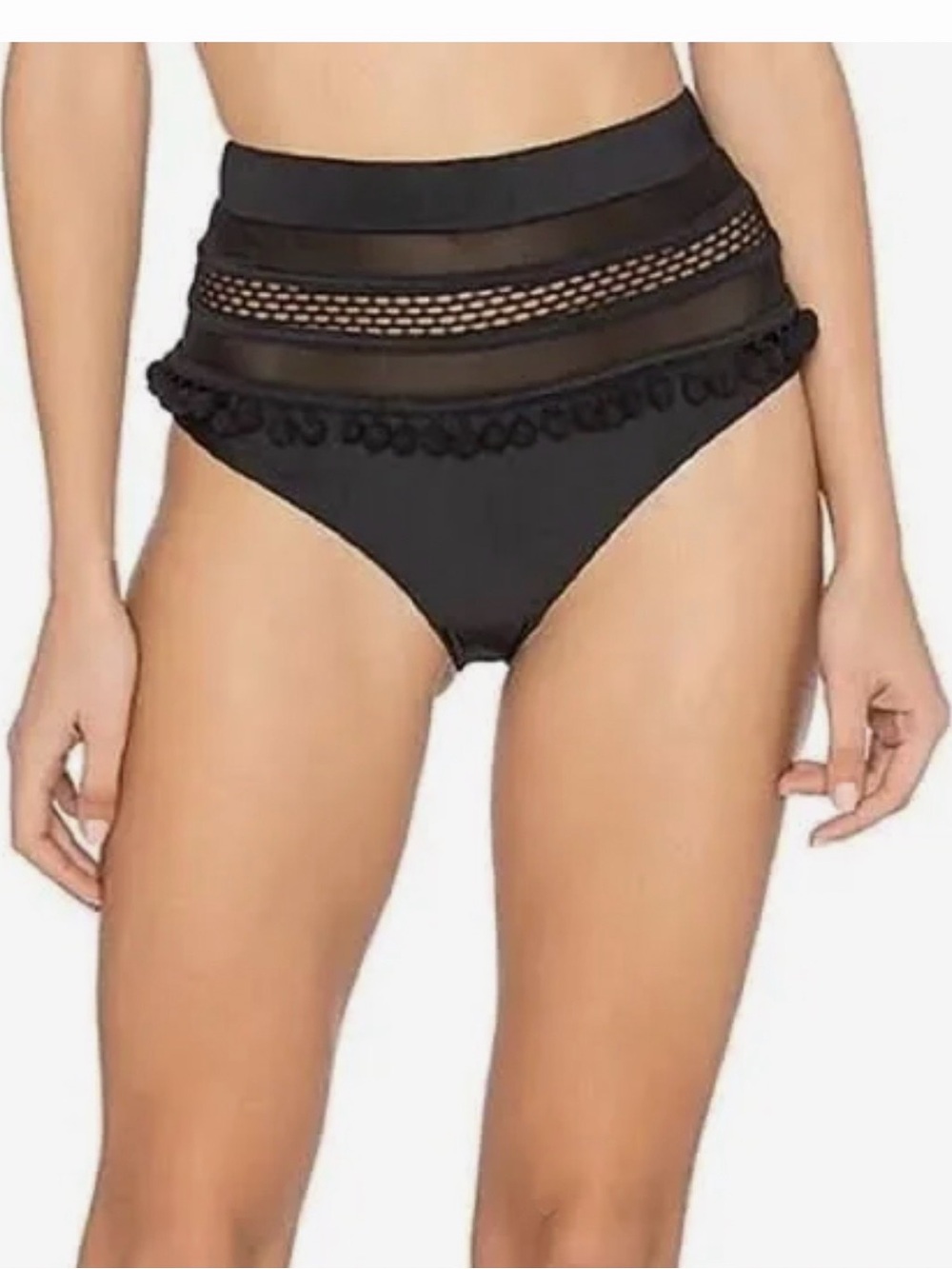 Tularosa Black High-Waist Bikini Bottom with Mesh & Pom Trim